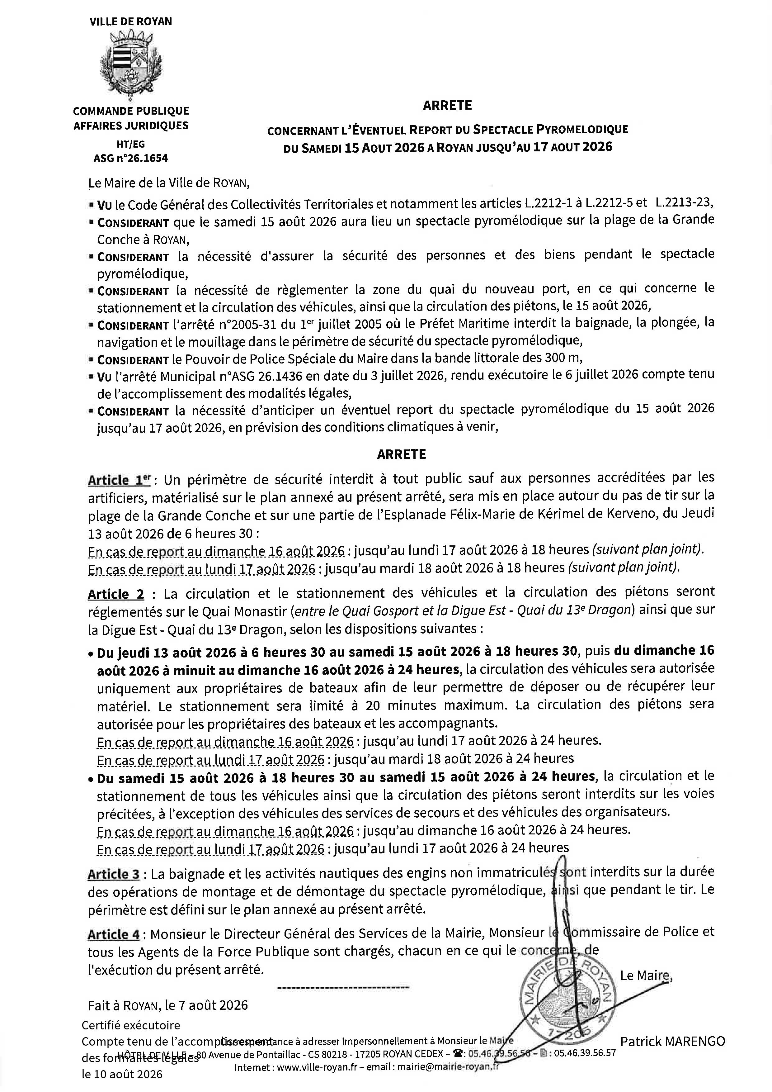 Organisation du show pyro-mélodique du 15 août 2026 – Port de Royan