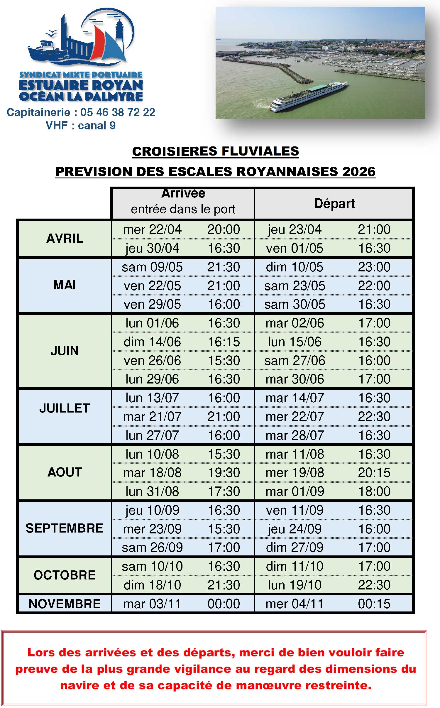 LISTE DES ESCALES DU BATEAU DE CROISIERES FLUVIALES 2025